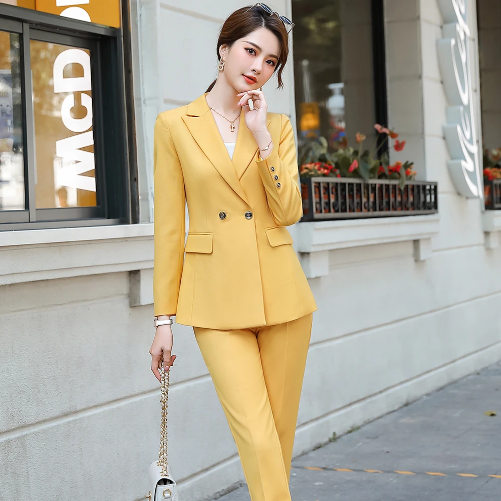Fashion Single Breasted Ladies Business Pant Suit Pink Green Black Yellow Formal 2 Piece Set Blazer Women Jackets and Trousers