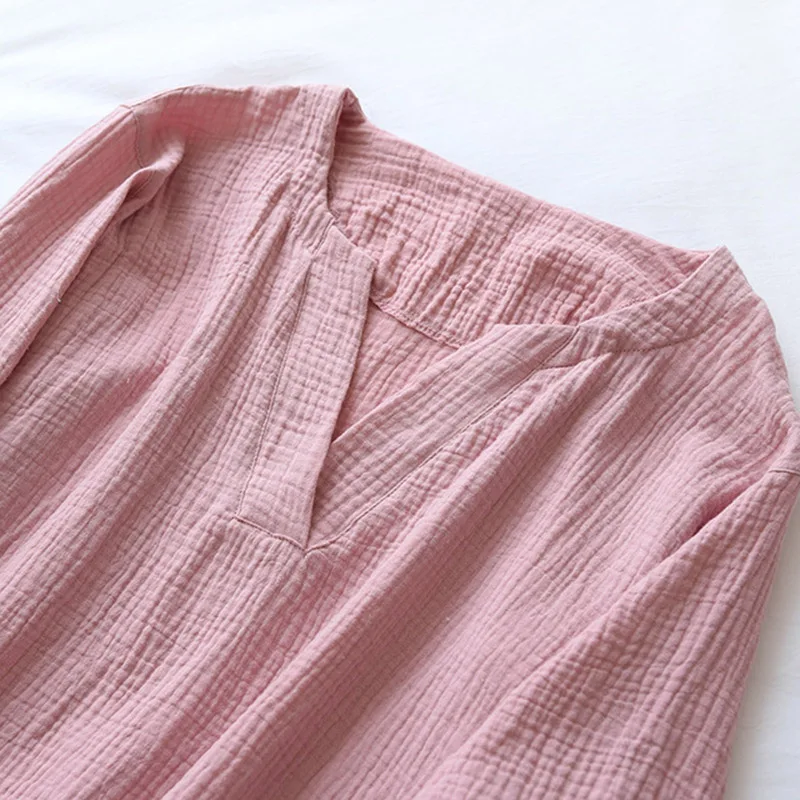 

Spring Summer New Ladies Japanese Style Pajamas Set Solid Color Gauze Cotton Household Wear V-Neck Women Casual 2Pcs Sleepwear