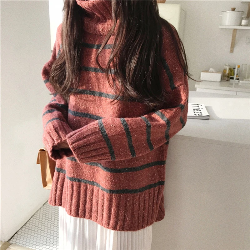 

Ailegogo Autumn Winter Women Turtleneck Thick Sweater Casual Female Striped Knitwear Loose Fit Ladies Knitted Tops