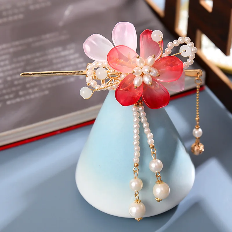 

Жемчужная шпилька для волос в виде цветов в китайском стиле Hanfu, палочки для еды, аксессуары для укладки волос, заколки для волос