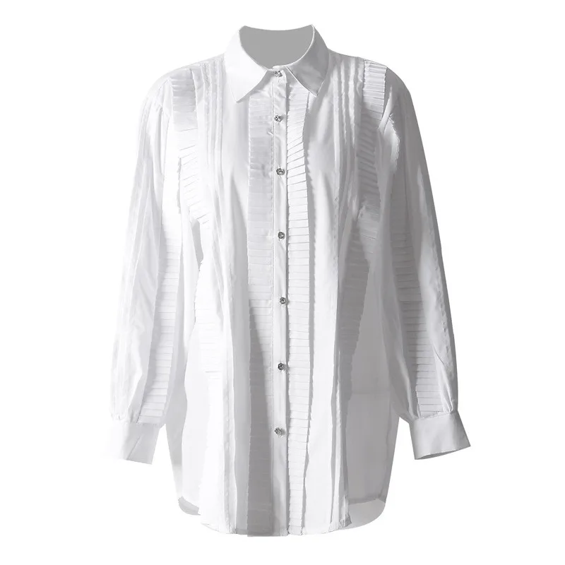 

Women Blouse White Fashion Spring High Street Luxury Pleated Tops Long Sleeve Elegant Loose Blouse Design Minimalist Long Blusas