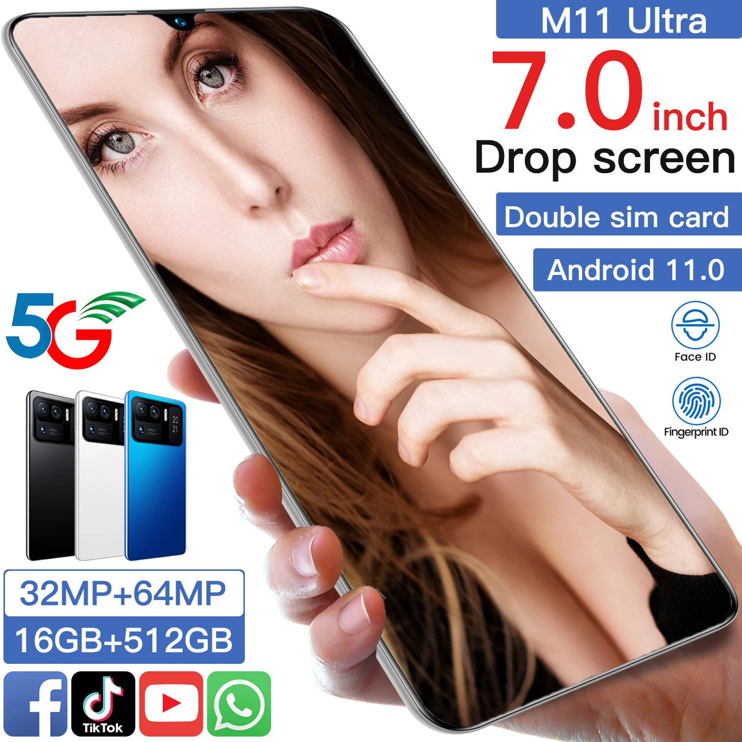 

2021 M11 Ultra Newest Global Smartphone 7.0 Inch 32MP 64MP Snapdragon 888 Mobile Phone 7200mAh Face ID Finger Print 16GB 512GB