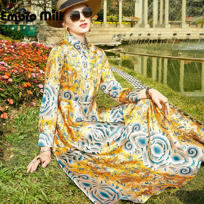 

High-End; Сезон весна-осень; Новинка; Уличная Стиль Женская шелковая принтованная запястья рукава с высокой талией элегантное платье трапециев...