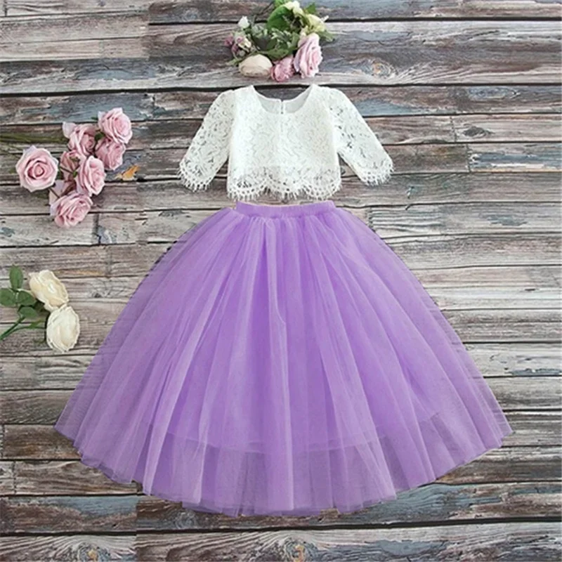 

Pink Flower Girl Dresses For Wedding Two Pieces Tulle Lace For Party Birthday Buttons Half Sleev Illusion Top robe