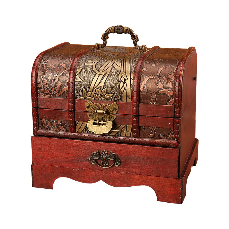 

Classic Antique Wooden Treasure Box Ornament Craft Jewelry Box With Lock Drawer Household Retro Jewelry Storage Boxes Home Decor