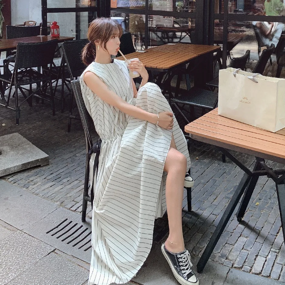 Платье в полоску с круглым вырезом и пряжкой сзади 2020-03 | Женская одежда