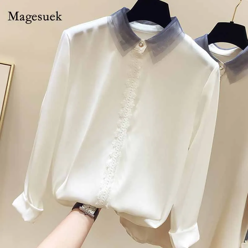 

Plus Size 4XL Vintage Long Sleeve Shirt 2020 Autumn Korean Slim Mesh Lapel Woman's Shirts Lace Stitching Chiffon Blouse 11094