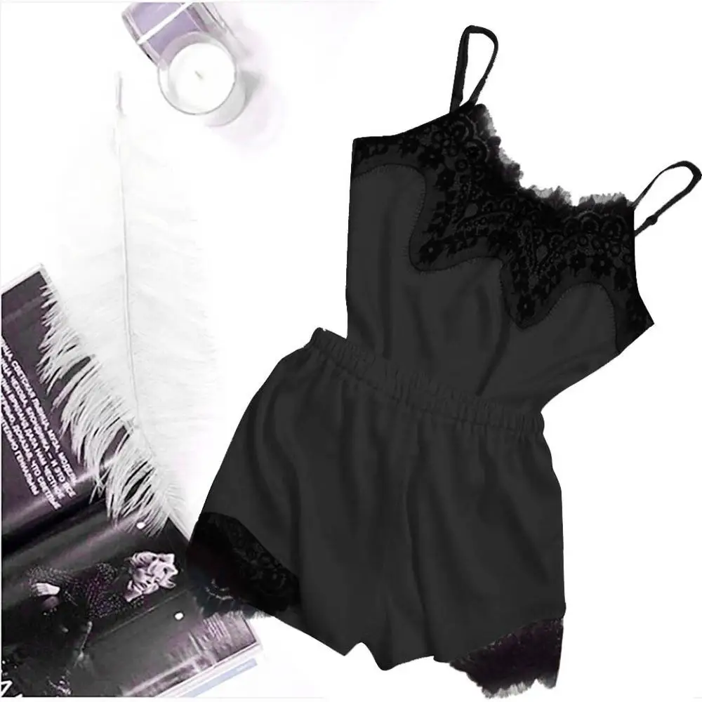 Sexy Satin Women Sleepwear Set Solid Color Casual Nightwear Lace Sling Shorts Pajama Lingerie Koronkowa Pizama 2020 New Hot | Женская