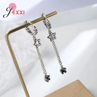 1 pair retro tibetan silver long five pointed star ear chain clear crystal drop earring party fine jewelry for women