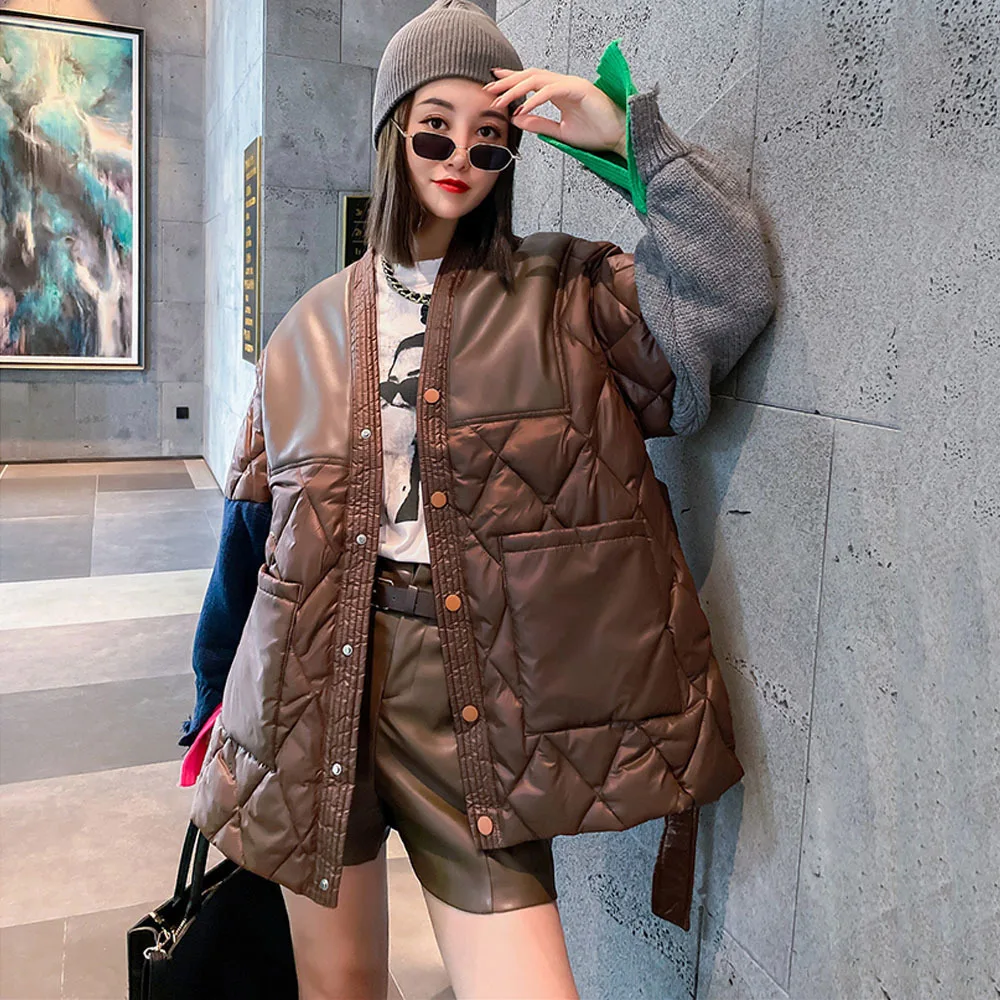 European American Color Knitted Sleeve Splicing Women's Winter Jacket 2021 Diamond Lattice Down Cotton Padded Jacket Street Coat