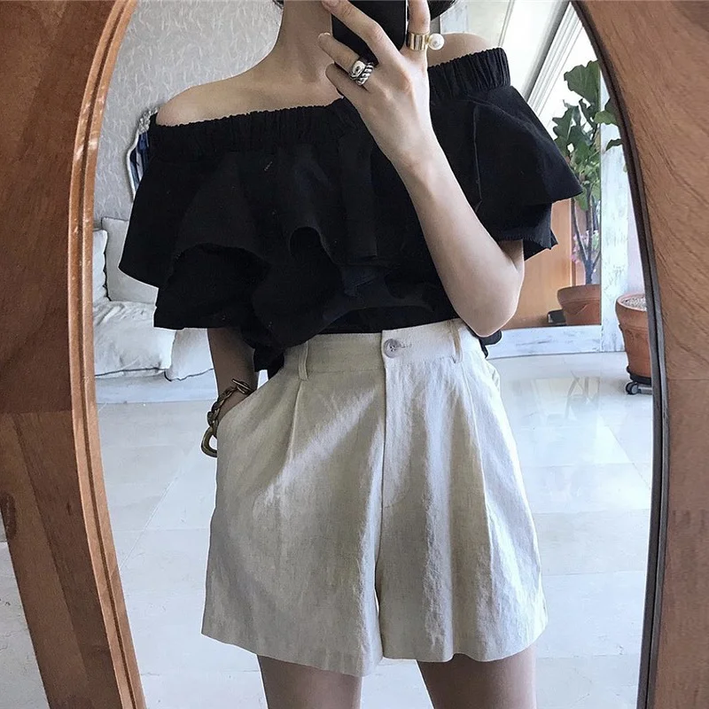 Рубашка с оборками и воротником стойкой шикарная блузка открытыми плечами