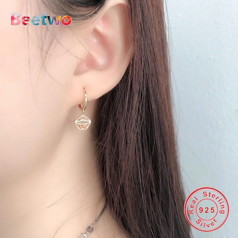

925 Sterling Silver Earrings Kiss & Lipstick Dangle Hoop Earrings Brinco Female Women Earring 925 Silver Jewelry Berloque