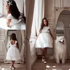 2021 белое платье с цветочным принтом для девочек, фатиновое Платье До Колена с коротким рукавом для девочек, пышные платья с бисером и складками, Детская официальная вечеринка
