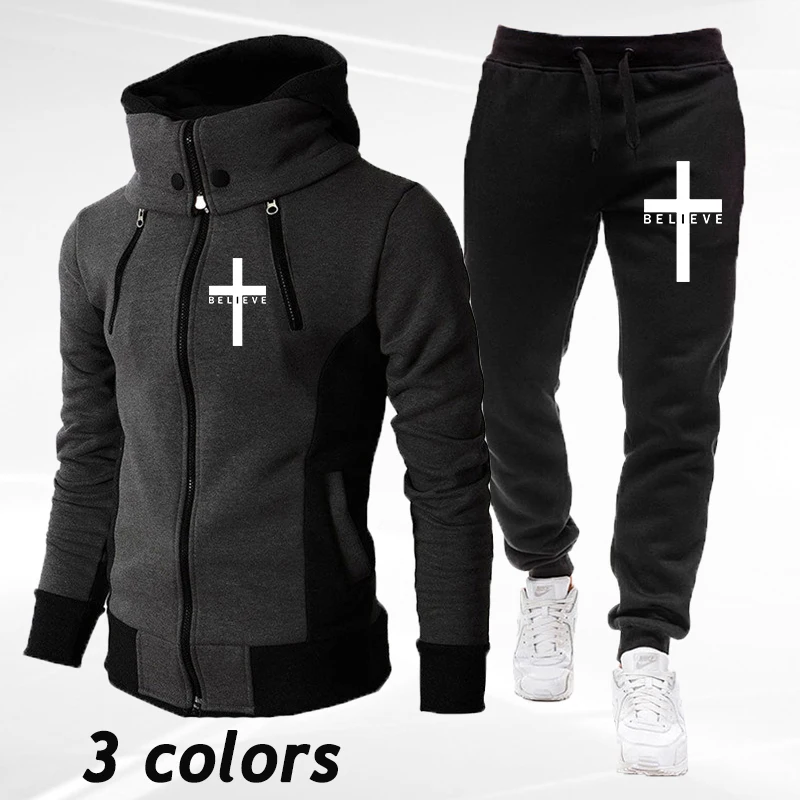 

Autumn and Winter Fashion Men's Sportswear Crucifixion I Believe in Printed Hoodies and Trousers Two-piece Leisure Jogging Suit