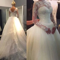 2018 vestido de noiva lace long sleeve ball bridal gown robe de mariee tulle v back custom made mother of the bride dresses