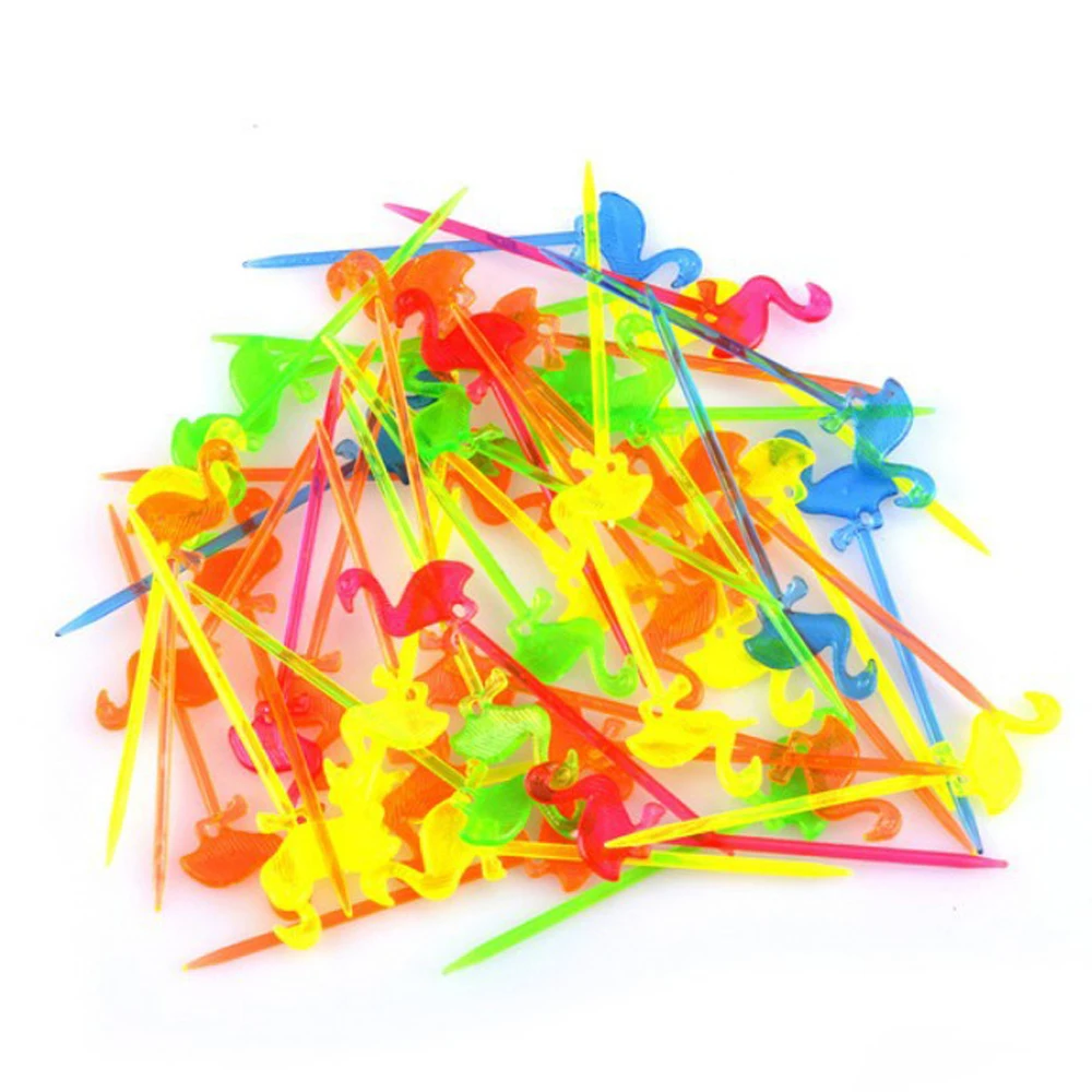 50 шт./лот многоцветные палочки Фламинго Фруктовые шпажки пластиковые десертные