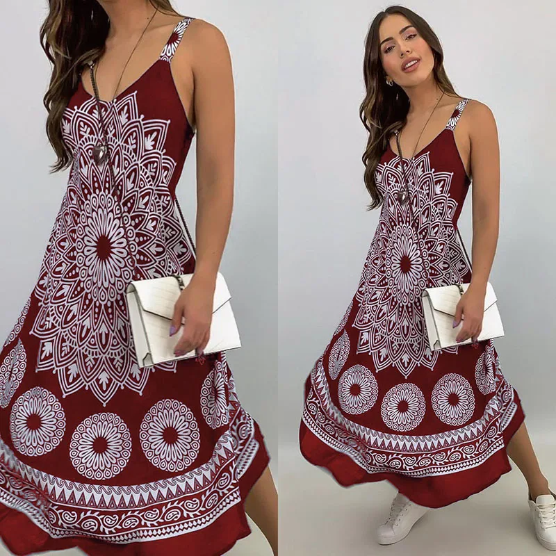 Vestidos Maxi estampados para mujer, vestidos sin mangas con cuello en V, ropa informal a la moda de verano, novedad de 2021