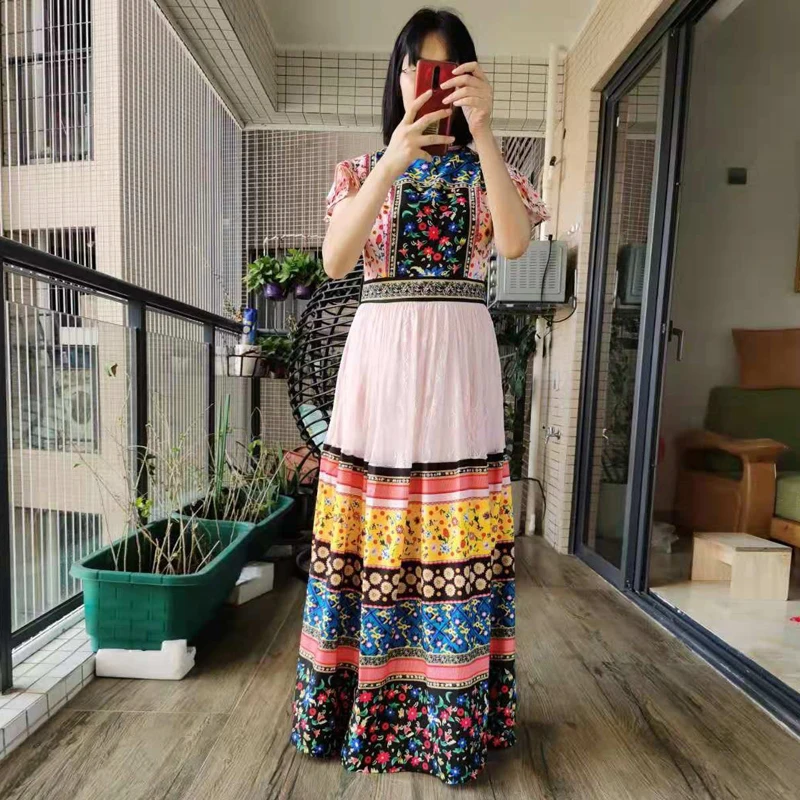 

Vestidos De Fiesta Runway O-Neck Long Dress 2022 New Summer Lace Patchwork Colorful Floral Short Sleeve Elgant Party Maxi Dress
