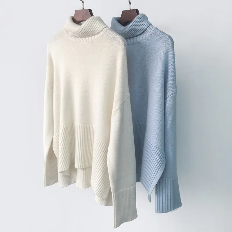 Women Sweater 2021 Fall/Winter High Neck Cashmere Blend Loose Slit with Hem |
