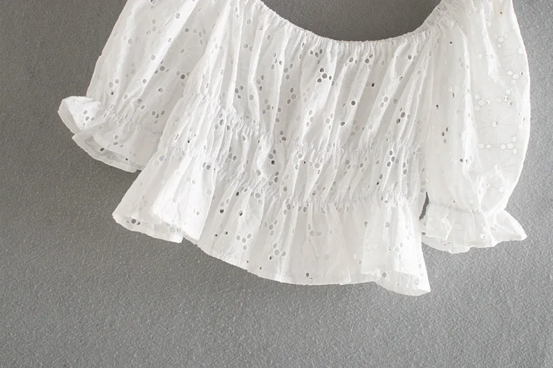 

2020 New Fashion Brand Women Shirt Sexy & Club Puff Sleeve Square Collar Cotton Short Hollow Out Solid Broadcloth