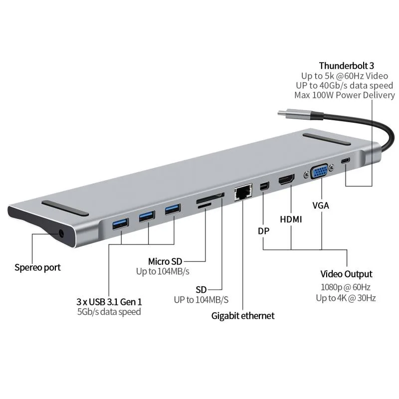 10 в 1 концентратор типа C для HDMI 4K 3 0 Type RJ45 VGA Разветвитель USB 5 мм аудио DP MacBook Pro
