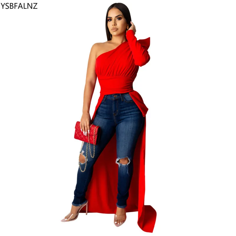 2023 Women Blouses Shoulder Sleeve Irregular Elegant Solid Female Tops Short Front Long Back Autumn Sexy Fashion Hedging Top New