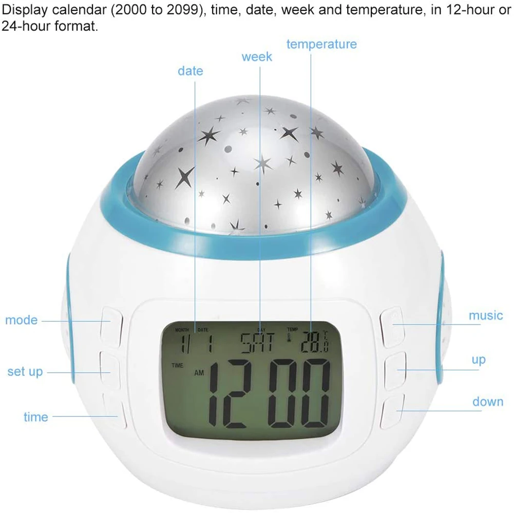 

Amazing Digital Alarm Clock Music Starry Sky Projection Night Light LED Light Projector Color Change Bedside Lamp Clock for Kid