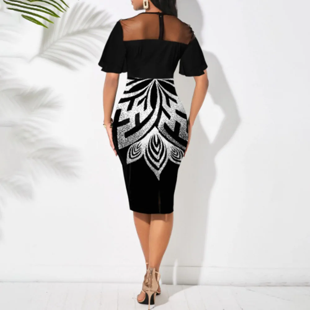 

Office Lady Fashion Temperament Elegant Summer Dress Perspective Net Yarn Splicing Sexy Printing Flared Sleeves Round Neck 2021