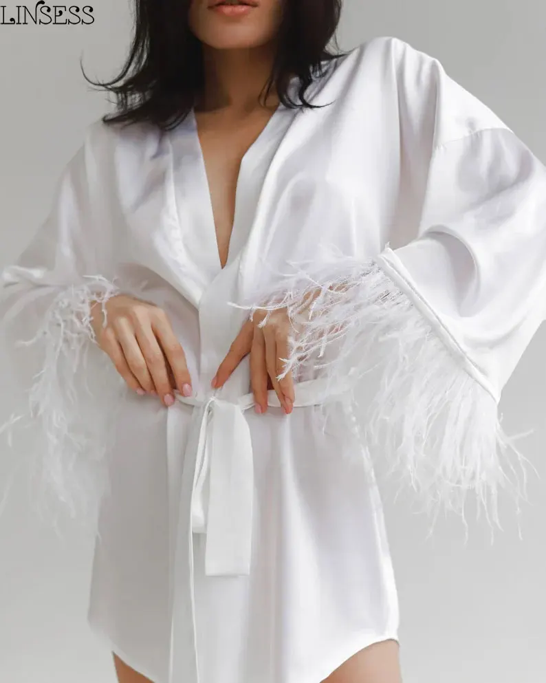 

Халат-кимоно из чистого шелка с перьями, для невесты, белый короткий халат с длинными рукавами, будуарный Свадебный Пижама, для подружки нев...