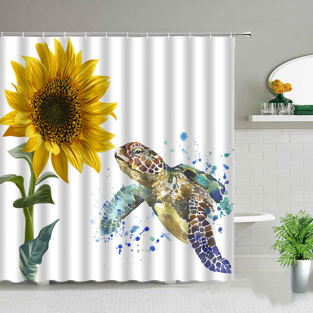 

Sunflower Flower Sea Turtle Print Shower Curtain Farm Truck Floral Plant Scenery Bathroom Decor Screen Bath Curtains With Hooks