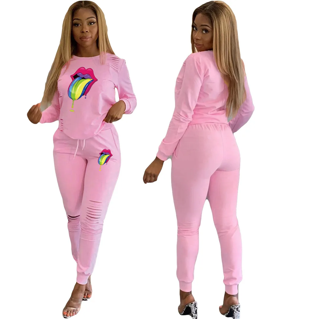 Осенний Новый женский комплект из 2 предметов одежды розовый принт с большими