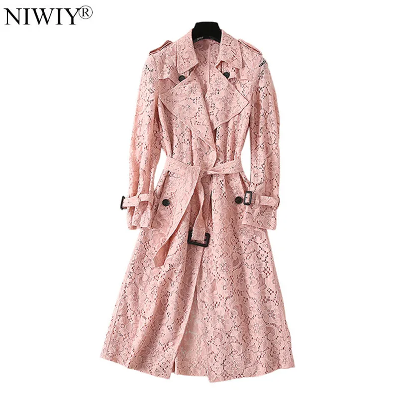 

New Autumn Openwork Blue Lace Trench Coat Chaquetas Mujer Invierno 2021 Long Sleeve Pink Women Coat Campera Mujer D9058