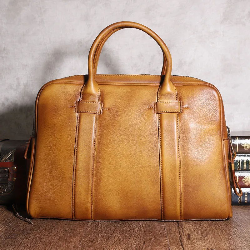 Retro highquality natural real leather men's large-capacity laptop handbag  office lawyer cowhide briefcase bag