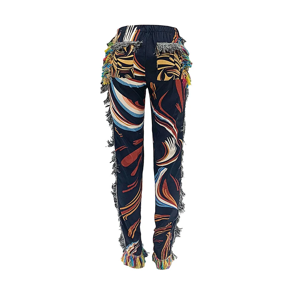 

Side Tassels Patchwork Striped Print Jogger Pant Women Rave Festival Clothing 2021 Fashion Casual High Waist Bodycon Sweat Pants