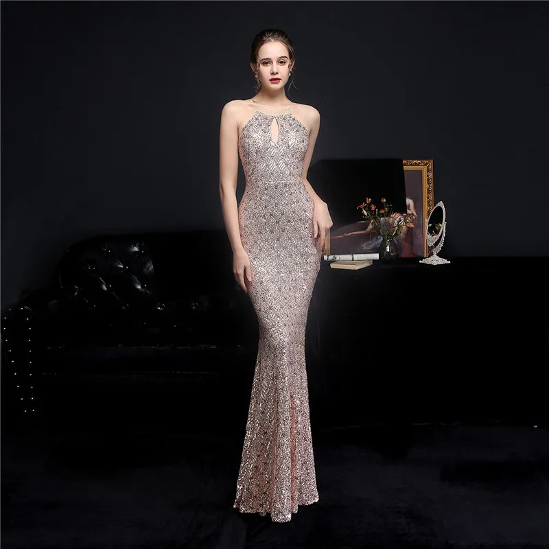 

Halter Neck Silver Dresses Mermaid Sequin Gown Keyhole Sexy Party Formal Dress Zipper up Woman Gown Celebrity New