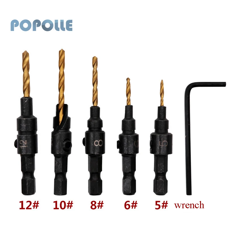 

POPOLLE 6PC Hexagon Shank Countersunk Bit Drill Bit Kit Wooden Hole Cutter Guide Screw Hole Rotating Chamfer Reaming Bit 5#-12#