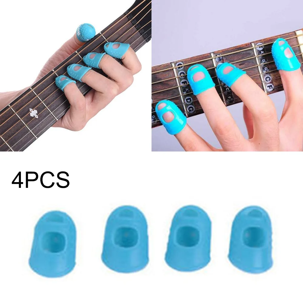 

4Pcs Silicone Finger Thumb Guards Guitar Fingertip Protectors For Ukulele Banjo Mandolin XXS XS S M L Transparent Blue Color