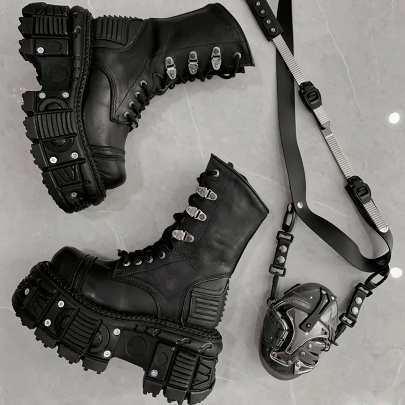 

Mid-Calf Boots Women Black Thick Bottom Handsome British Motorcycle Boots 2021 Spring New Height Increasing Trend Martin Boots