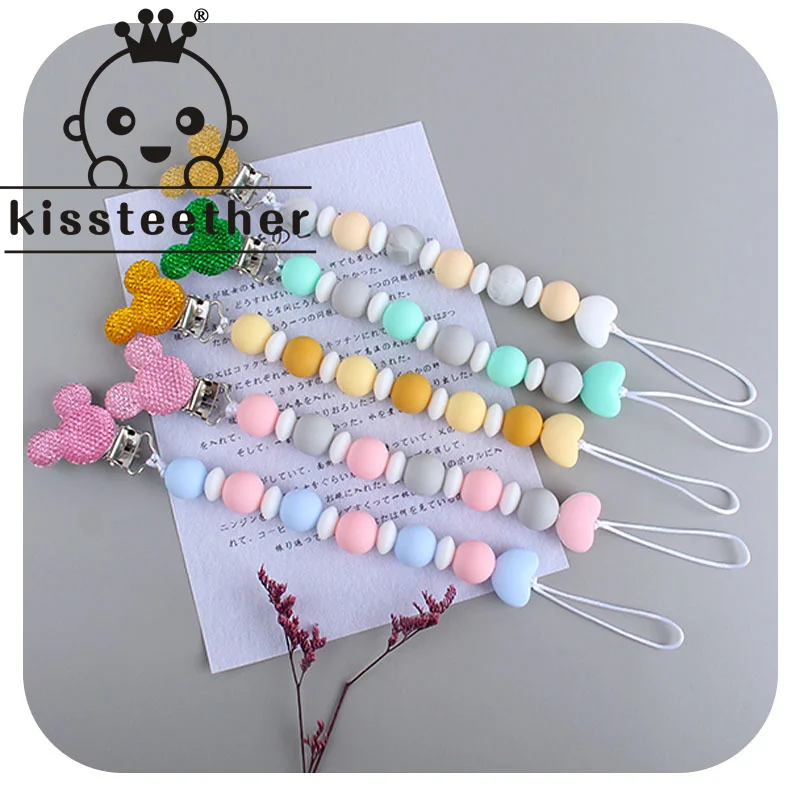 

Kissteether Pacifier Chain Silicone Teething Beads BPA Free Mouse Metal Dummy Clip Newborn Baby Boy Girl Pendant Nursing Gift