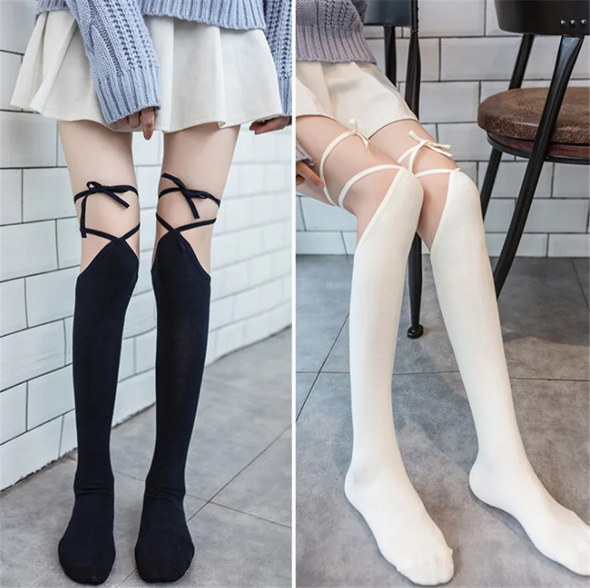 

2021 New Lolita Bandage Stocking Women Cotton High Knee Socks Thigh White Black Fashion Long Jk Stockings Kawaii Leg Covers