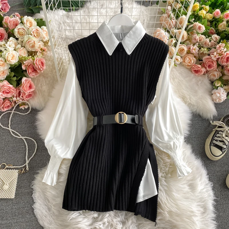 

2021 spring autumn women's lantern sleeve shirt knitted vest two piece sets of College style waistband vest two sets top