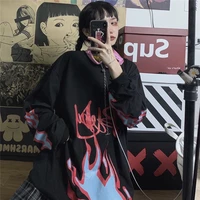 maxxo japanese fire graphics tops round neck sweater t shirt tops women kpop emo grunge school student punk clothes urban tees