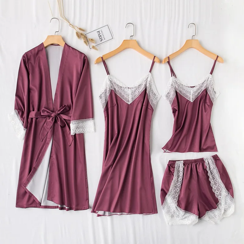 

Nightgown Sets Womens 4pcs Robe Suit Spring Sleepwear Wear Sexy Strap Nightwear Lace Sleep Kimono Bath Gown Homewear