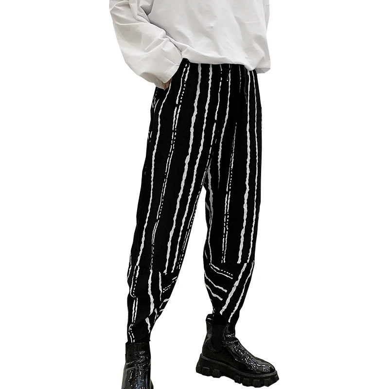 

High street Striped pants men Black and white Hip hop Baggy pant Linen