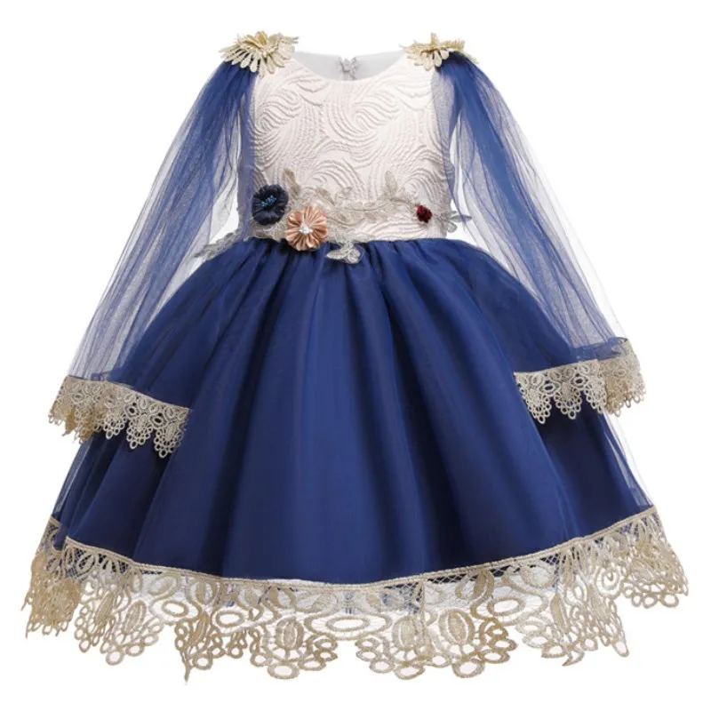 Dark blue Детская одежда платье с цветочным узором для девочек праздничные платья принцессы для детей от 2 до 10 лет Одежда для маленьких девочек Элегантное свадебное платье без рукавов - Цвет: Dark blue