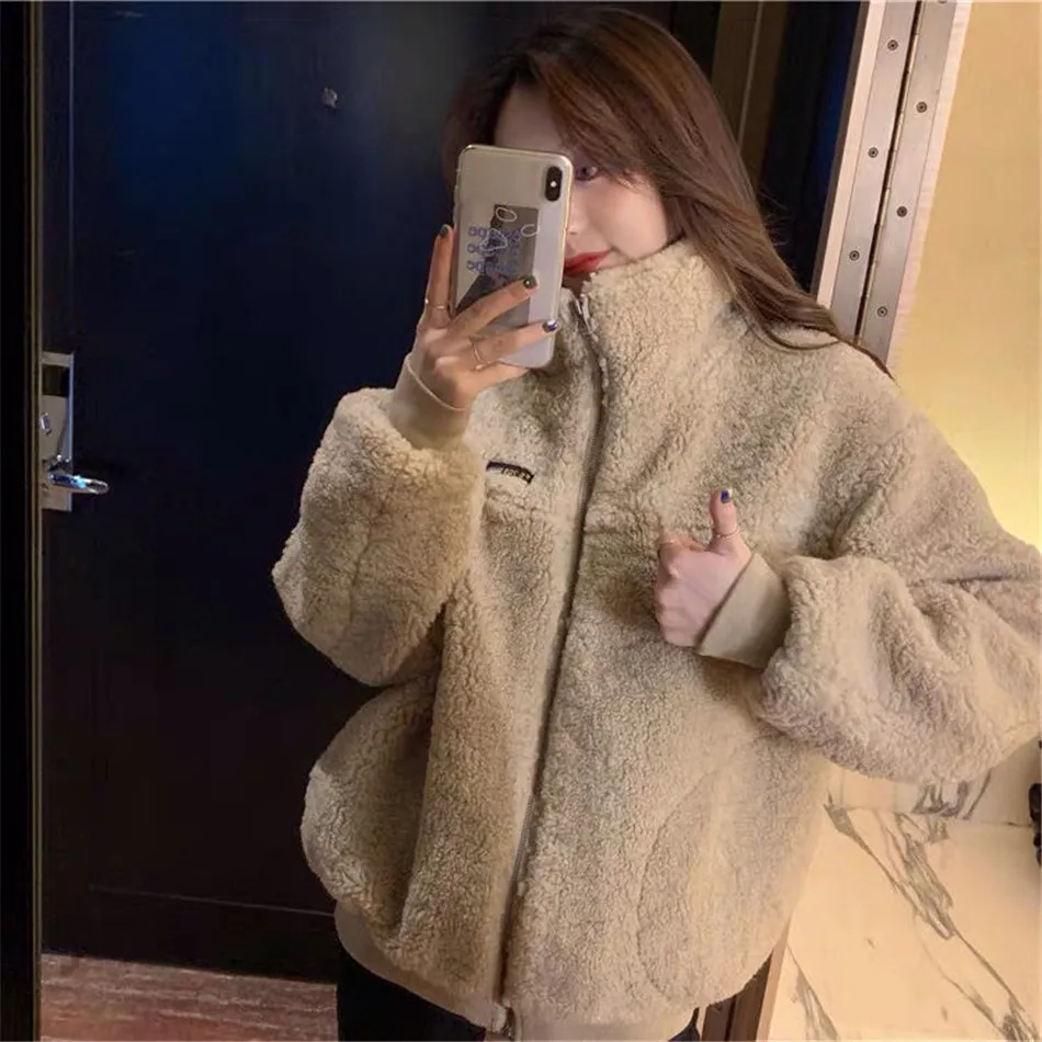 

Lamb Fleece Thick Warm Hoodie Women Solid Splice Long Sleeve Fashion Loose stand Collar High Quality Zipper Cardigan Tops