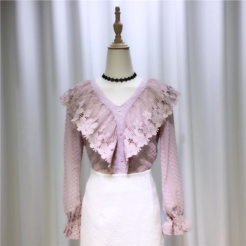 

Hollow Out Ruffles Long-sleeve Bottoming Shirts for Women New 2020 Spring Autumn Patchwork Lace All-match V Neck Female Blouses