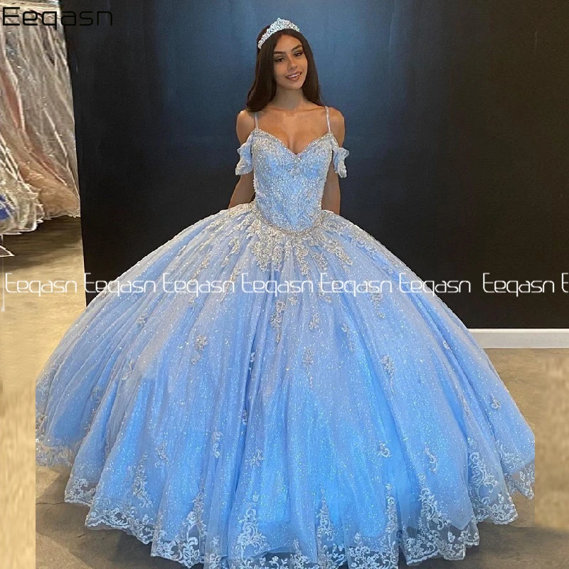 

Blue Sweet 16 Quinceanera Dresses For Girls Sparkling Lace Lace-up Ball Gown vestidos de 15 años Prom Dress Custom