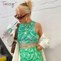 tossy printed two piece set for women 2021 summer o neck sleeveless slim camis midi waist drawstring short pants casual outfits