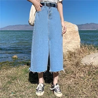 high waist long denim skirt women 2021 new arrivals blue tassel slit casual jean skirts ladies jupe longue femme plus size l 4xl